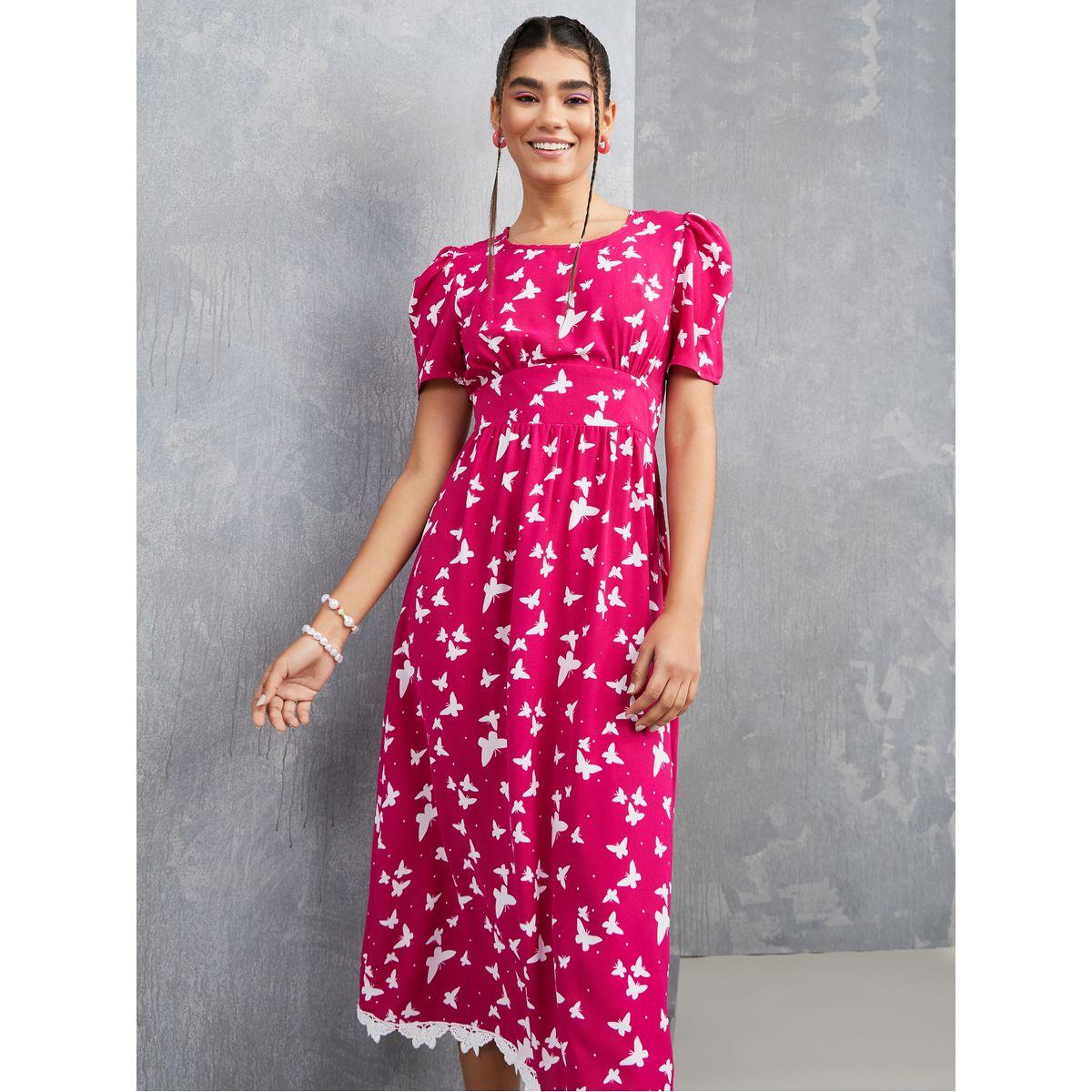 Styli Short Sleeve Butterfly Print Lace Hem Midi Dress-women-clothing-dresses-image-1