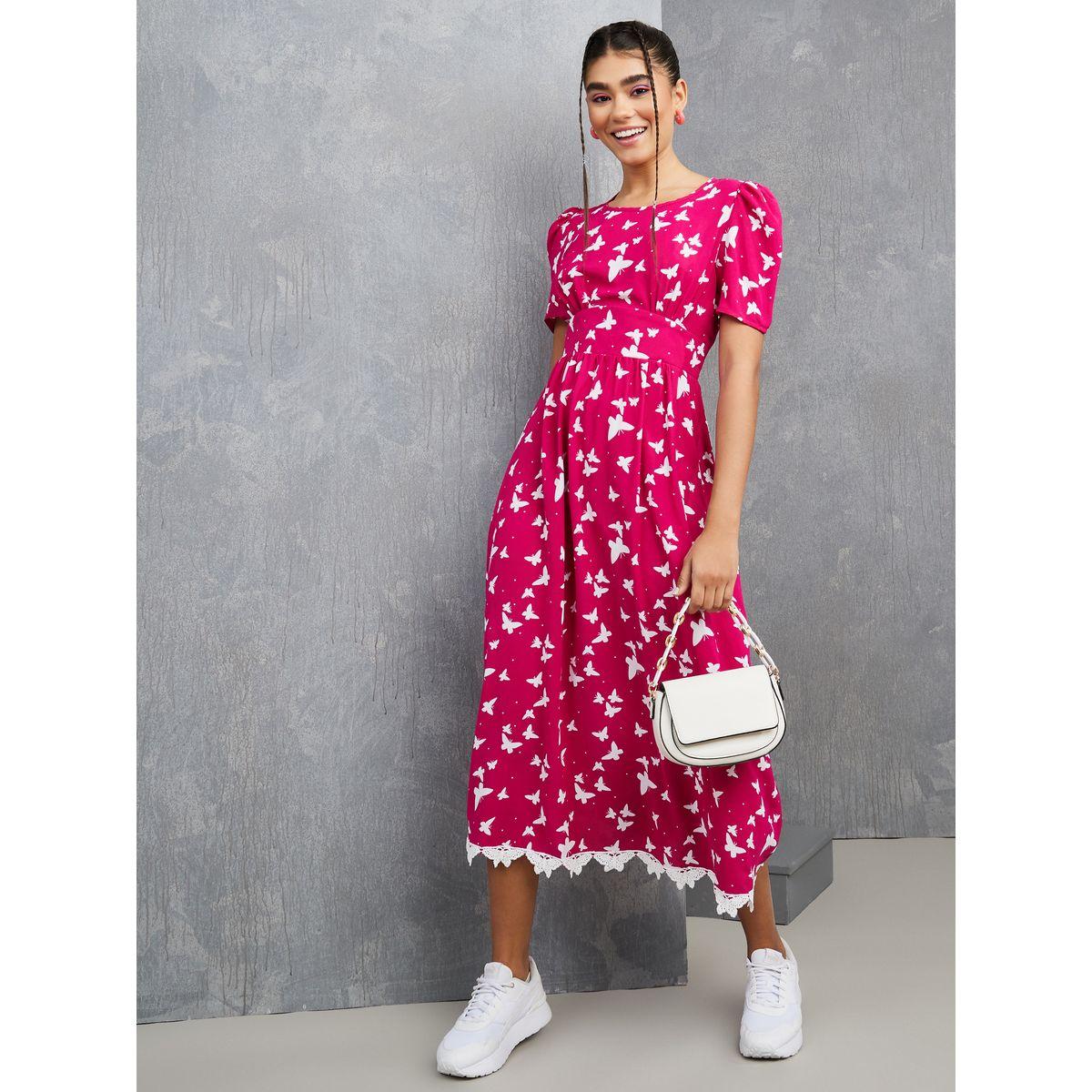 Styli Short Sleeve Butterfly Print Lace Hem Midi Dress-women-clothing-dresses-image-2