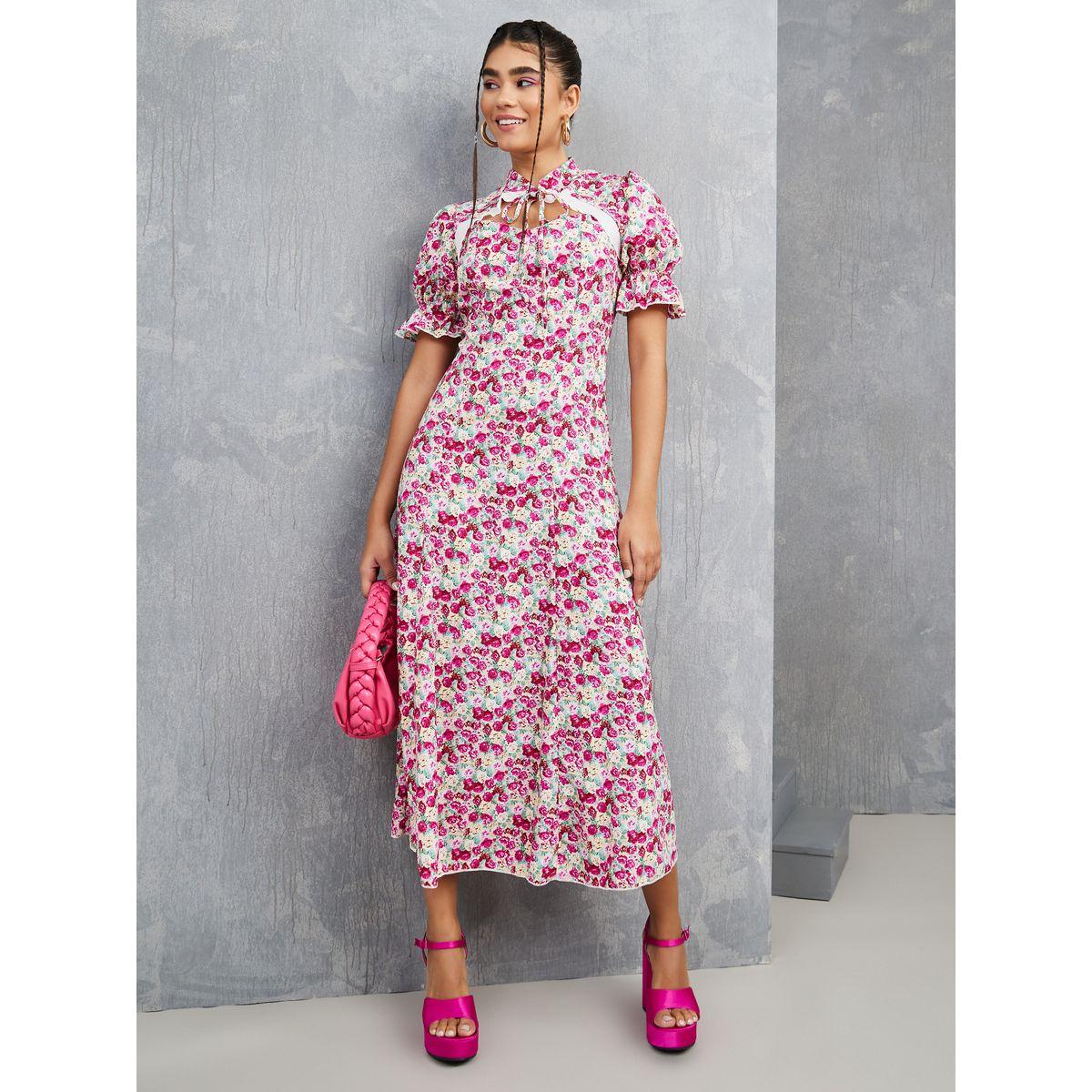 Styli Tie-Up Neck Floral Print A-Line Maxi Dress-women-clothing-dresses-image-1