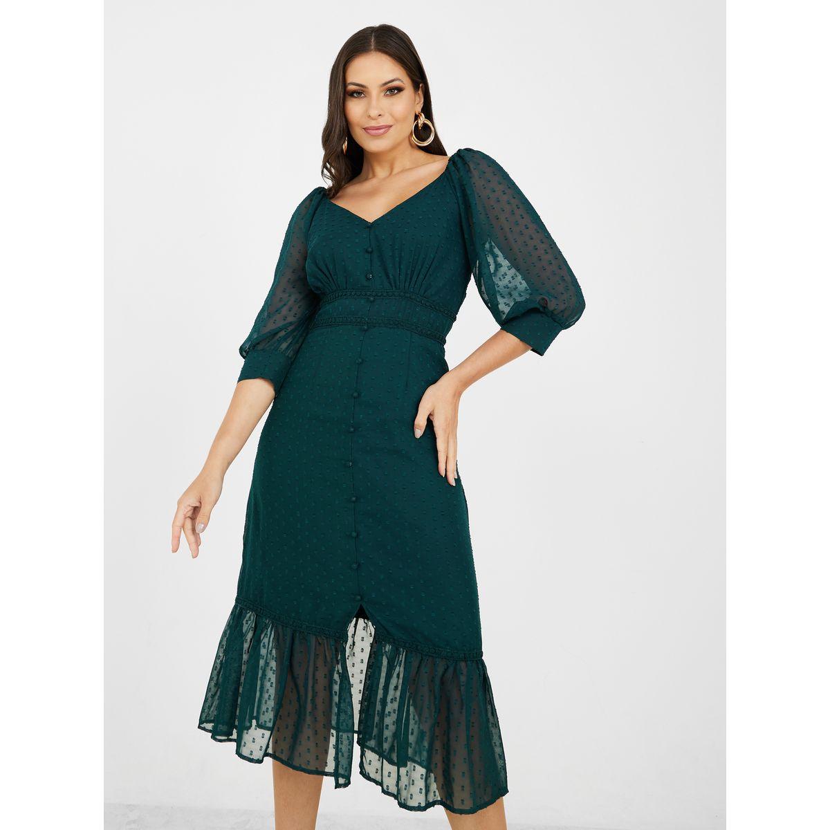 Styli 3/4 Sleeve Dobby Sheath Midi Dress-women-clothing-dresses-image-1