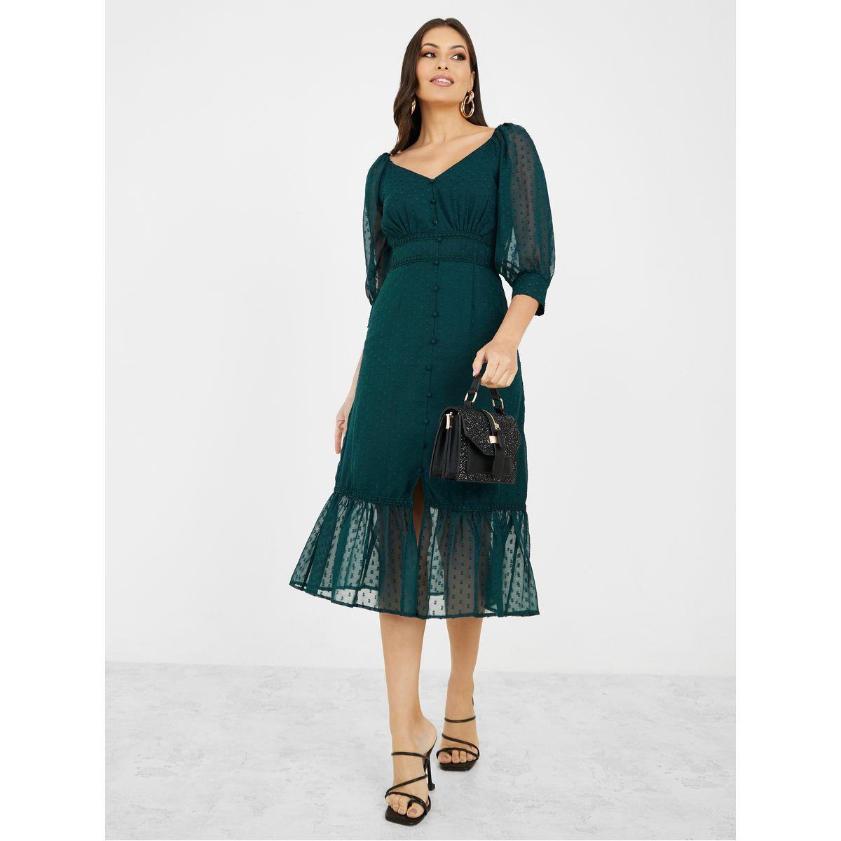Styli 3/4 Sleeve Dobby Sheath Midi Dress-women-clothing-dresses-image-2