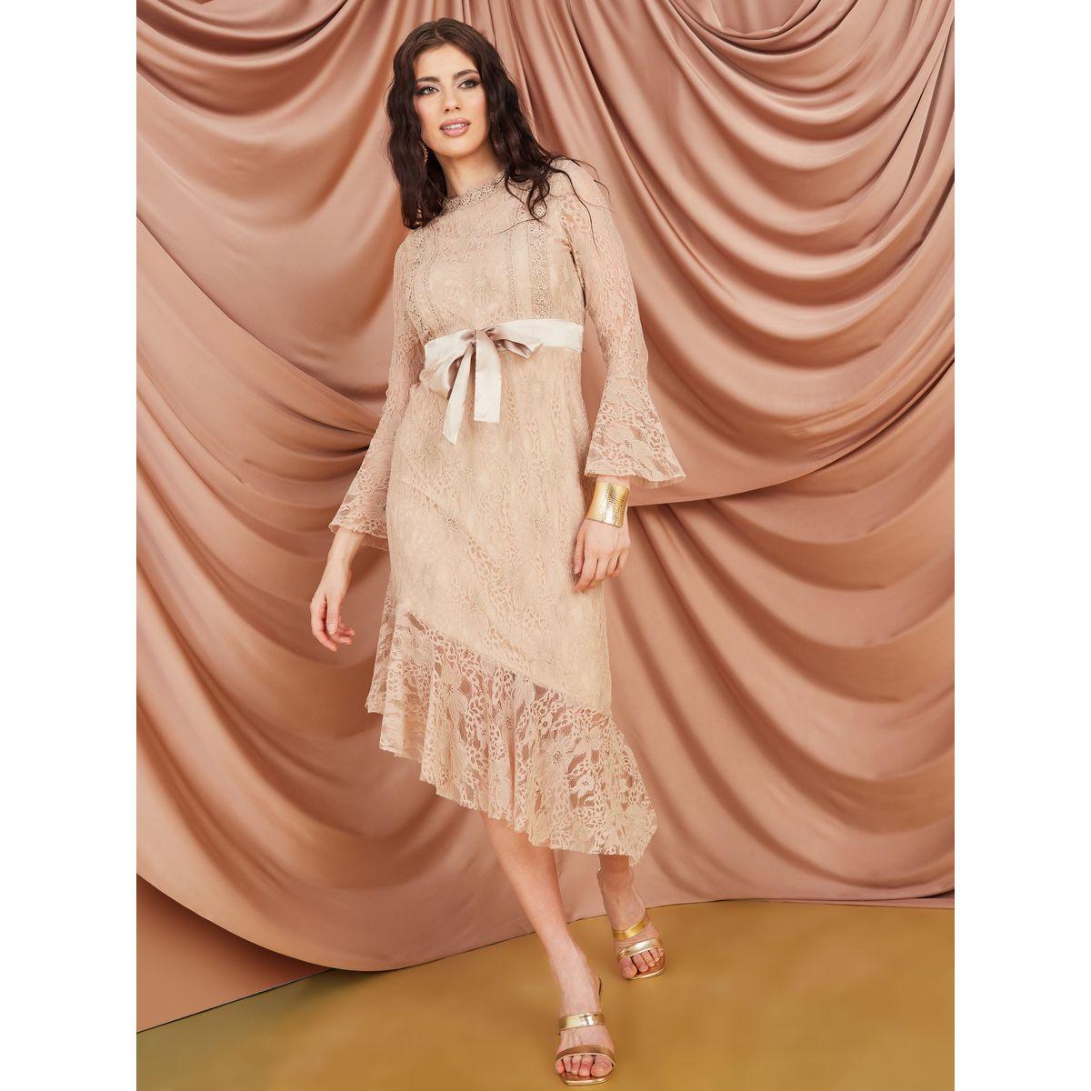 Styli Lace Insert Asymmetric Hem A-Line Midi Dress-women-clothing-dresses-image-2