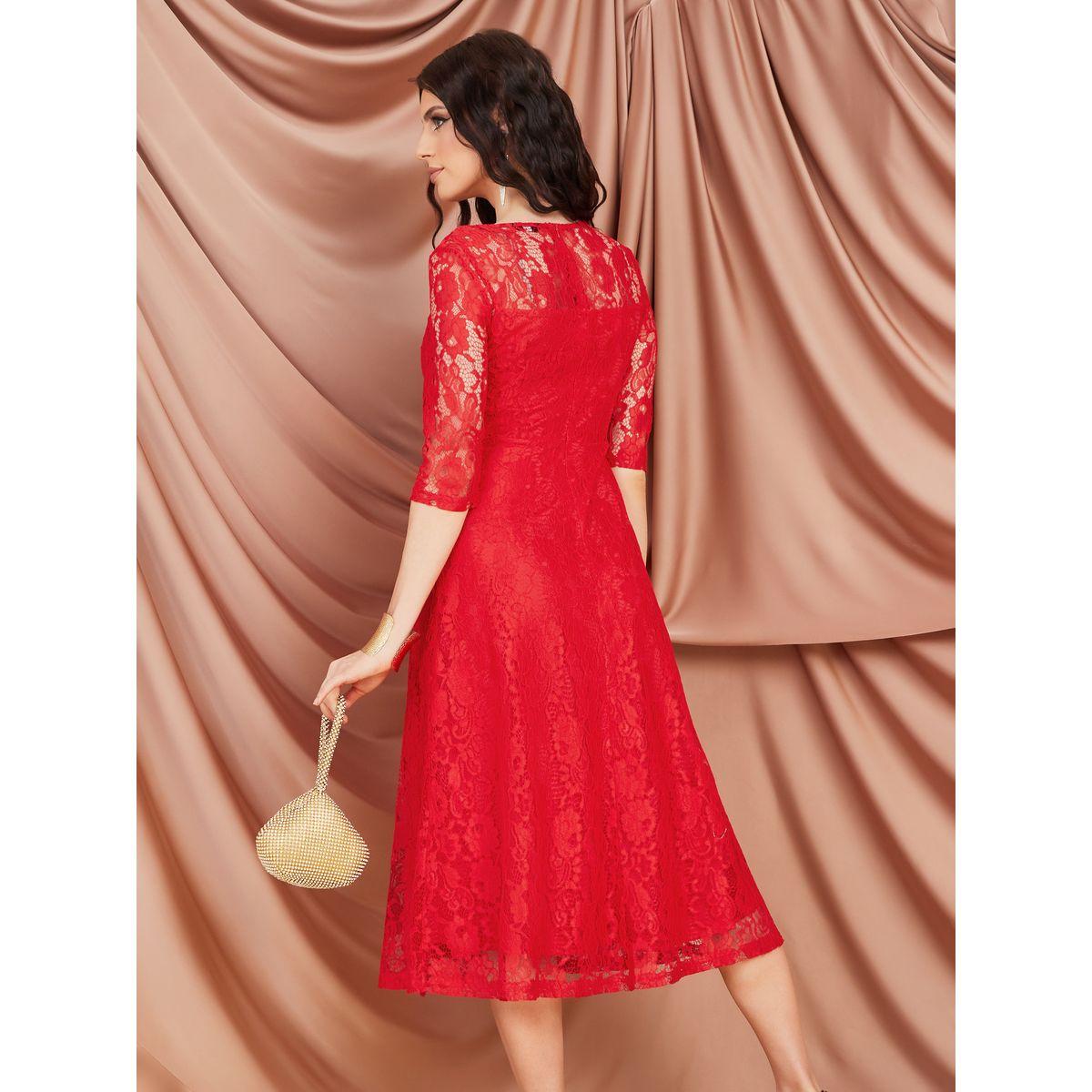 Styli 3/4 Sleeve Lace Insert A-Line Midi Dress-women-clothing-dresses-image-4