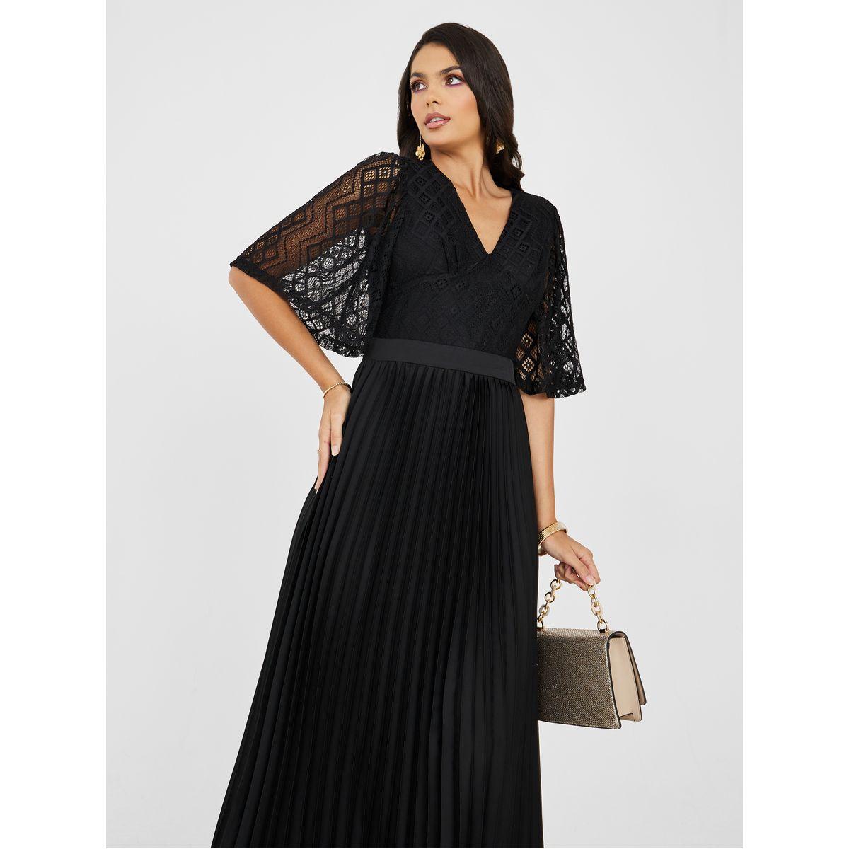 Styli  Lace Insert Pleated Detail A-Line Maxi Dress-women-clothing-dresses-image-2