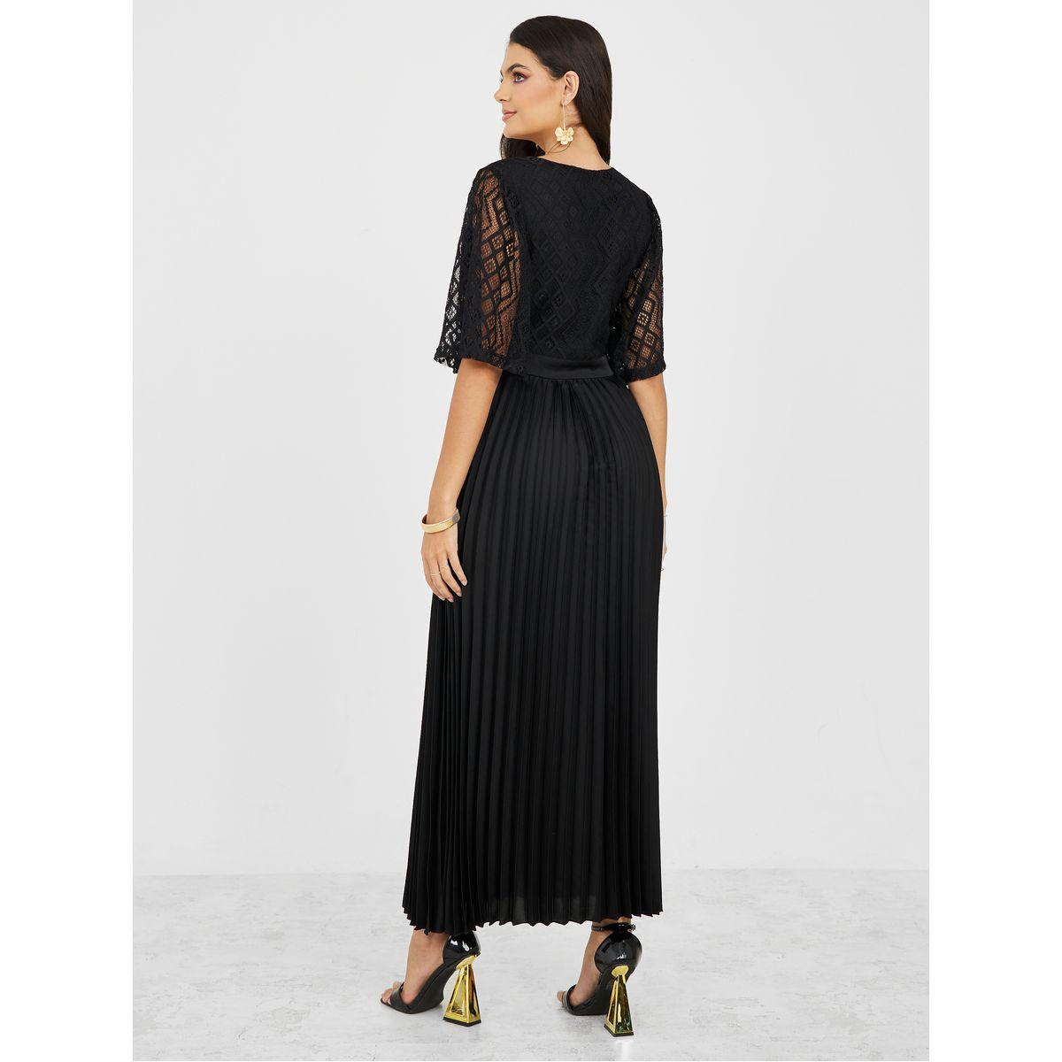 Styli  Lace Insert Pleated Detail A-Line Maxi Dress-women-clothing-dresses-image-4