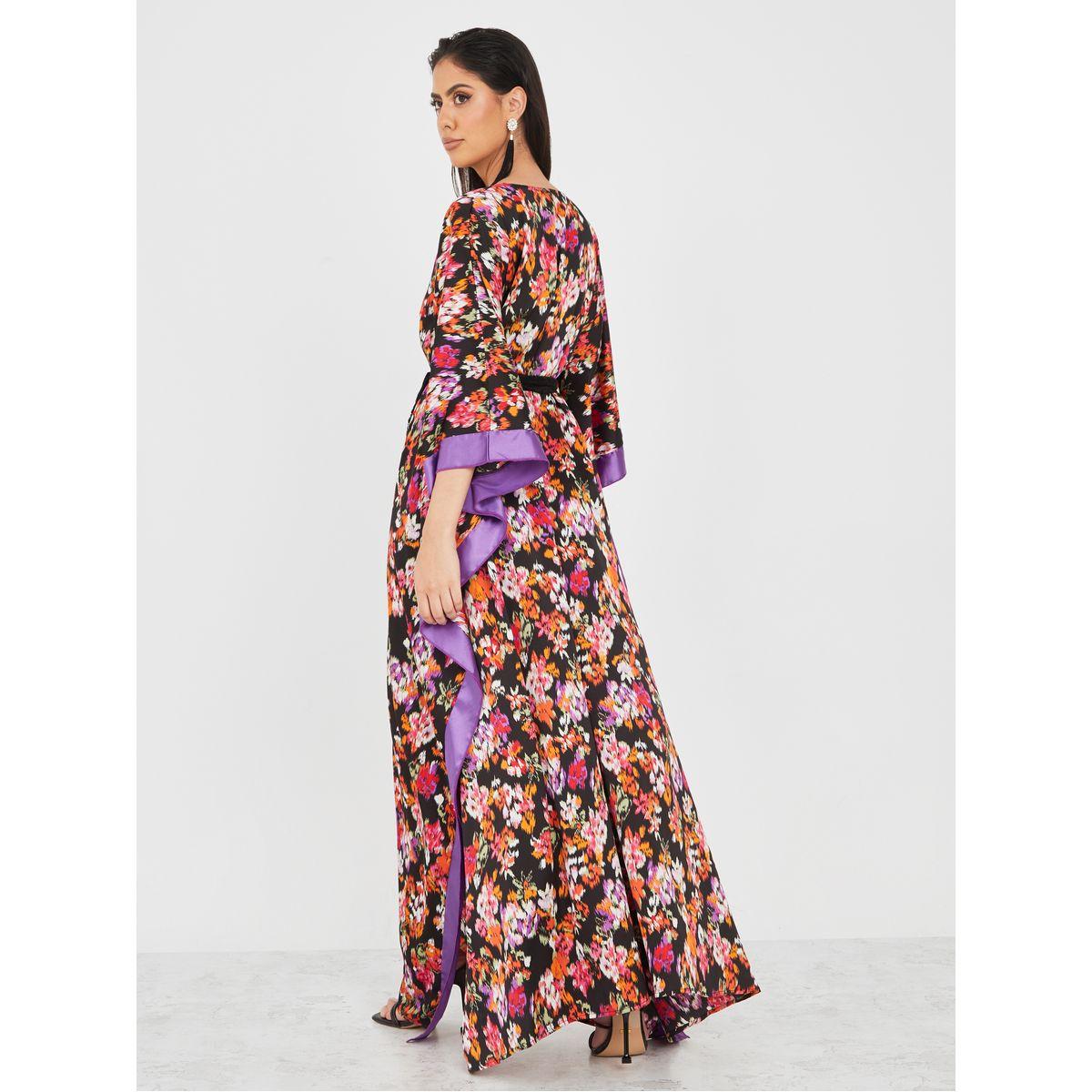 Styli Floral Print Kaftan Maxi Dress with Contrast Trim-women-clothing-dresses-image-4