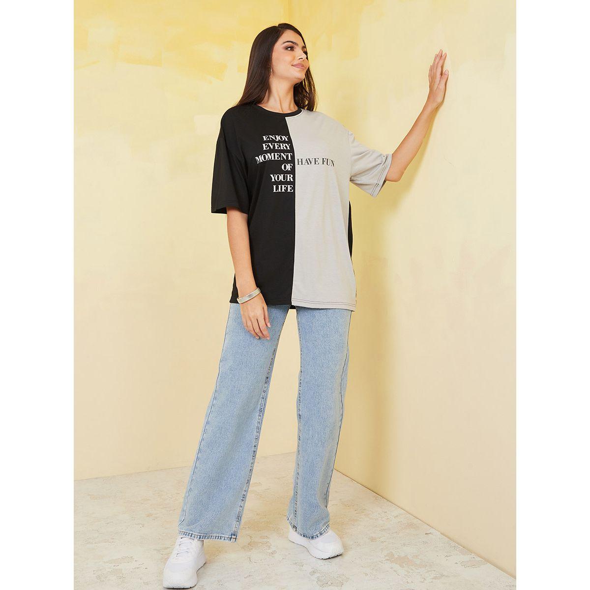 Styli Oversized Colorblock Enjoy Every Moment Slogan Longline T-Shirt-women-clothing-tshirts-image-2