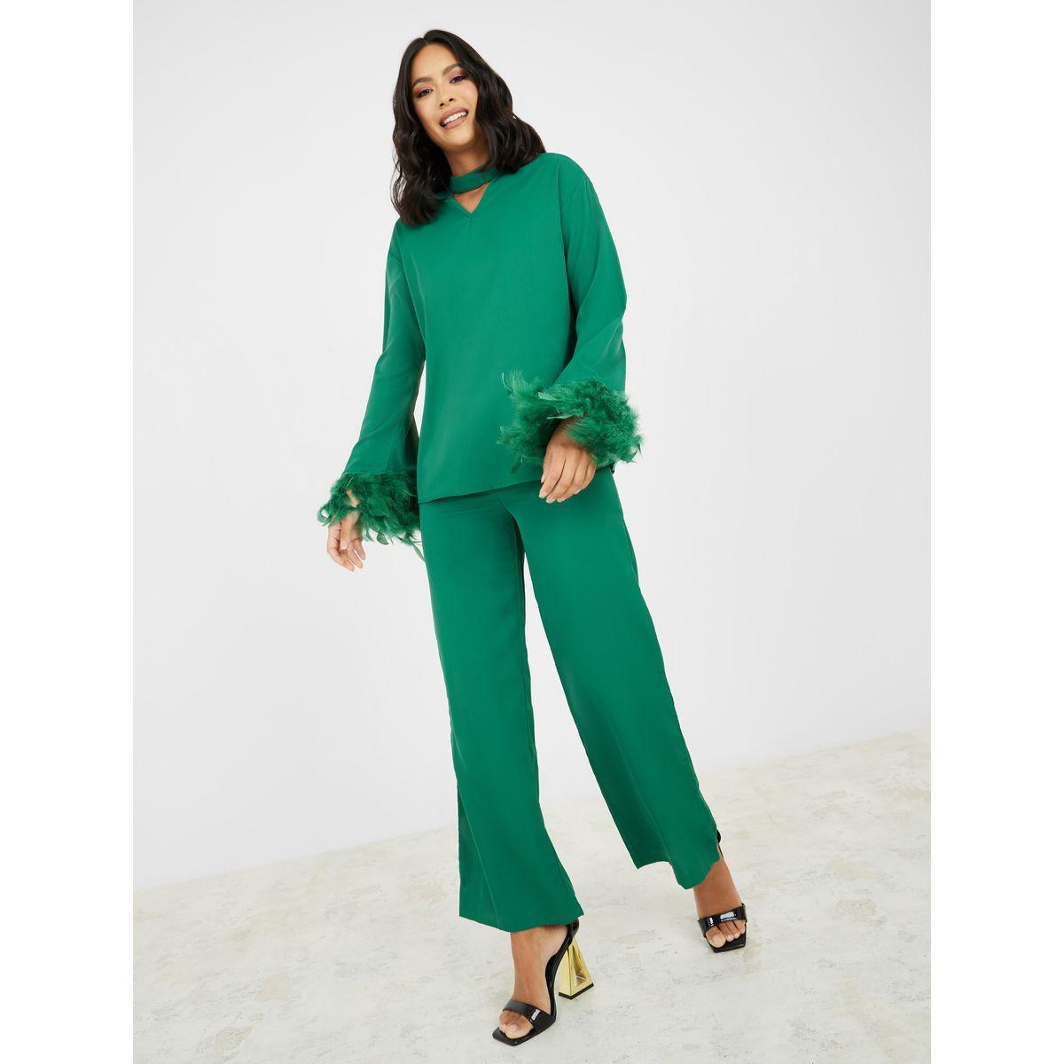 Styli Faux Feather Trim Sleeves Neck Band Top and Straight Leg Pant Set-women-clothing-coordsets-image-1