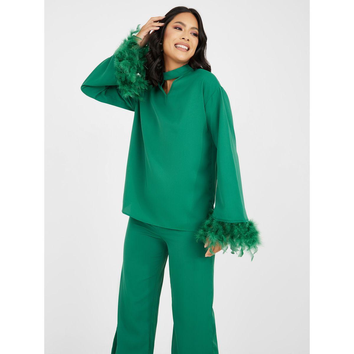 Styli Faux Feather Trim Sleeves Neck Band Top and Straight Leg Pant Set-women-clothing-coordsets-image-2