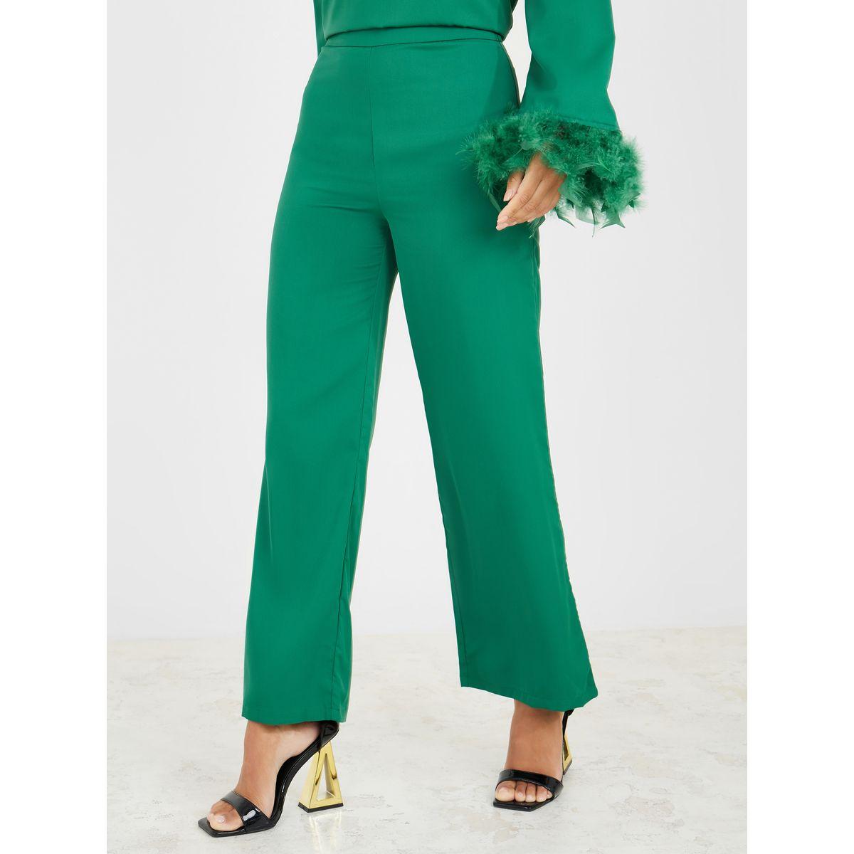 Styli Faux Feather Trim Sleeves Neck Band Top and Straight Leg Pant Set-women-clothing-coordsets-image-4
