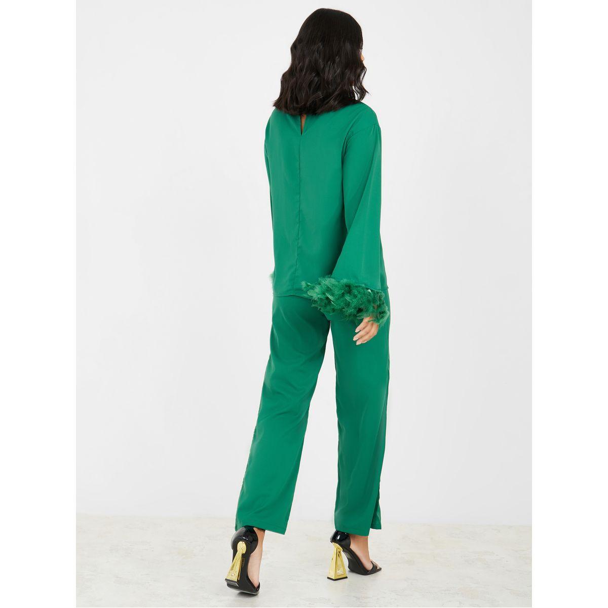 Styli Faux Feather Trim Sleeves Neck Band Top and Straight Leg Pant Set-women-clothing-coordsets-image-5