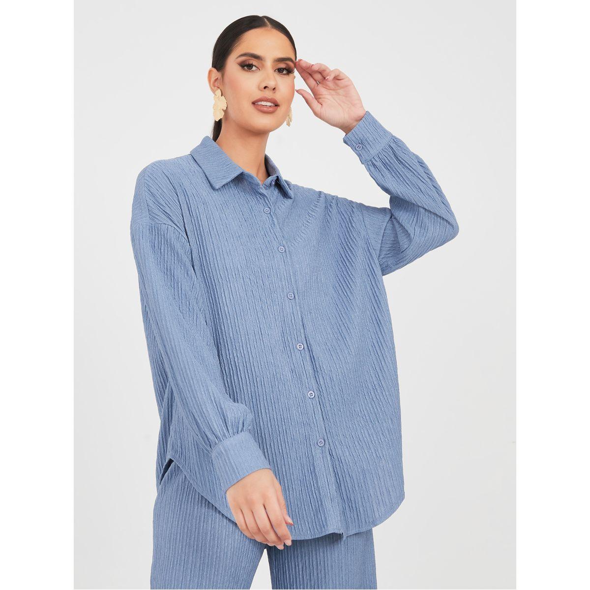 Styli Textured Longline Shirt and Wide Leg Trouser Set-women-clothing-coordsets-image-3