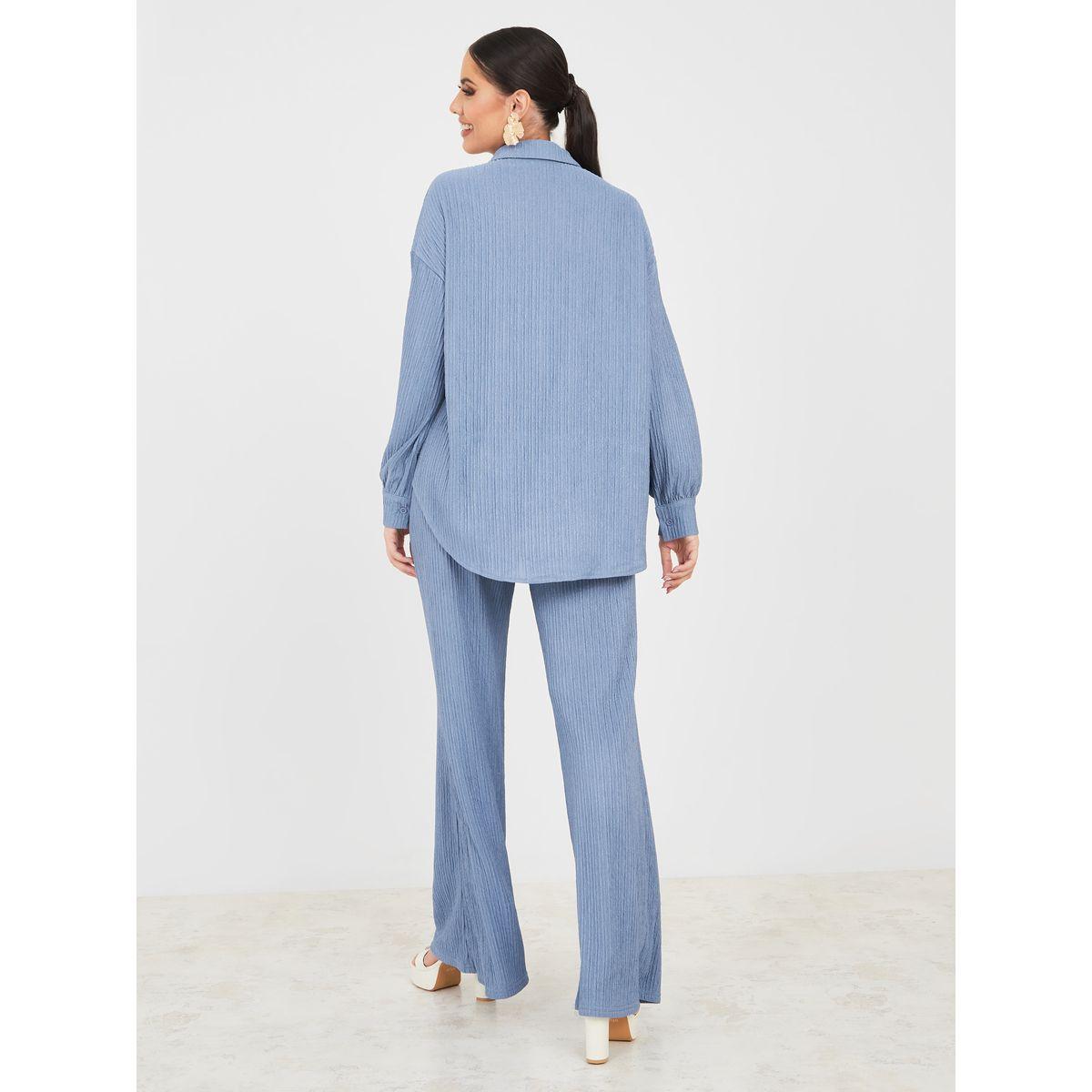 Styli Textured Longline Shirt and Wide Leg Trouser Set-women-clothing-coordsets-image-6