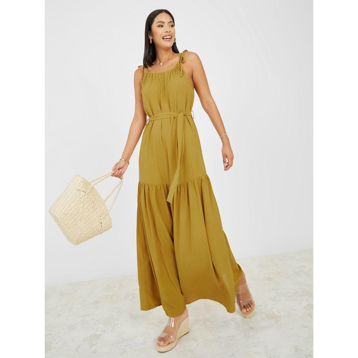 فستان طويل بكسرات ورباط خصر-women-clothing-dresses-image-1
