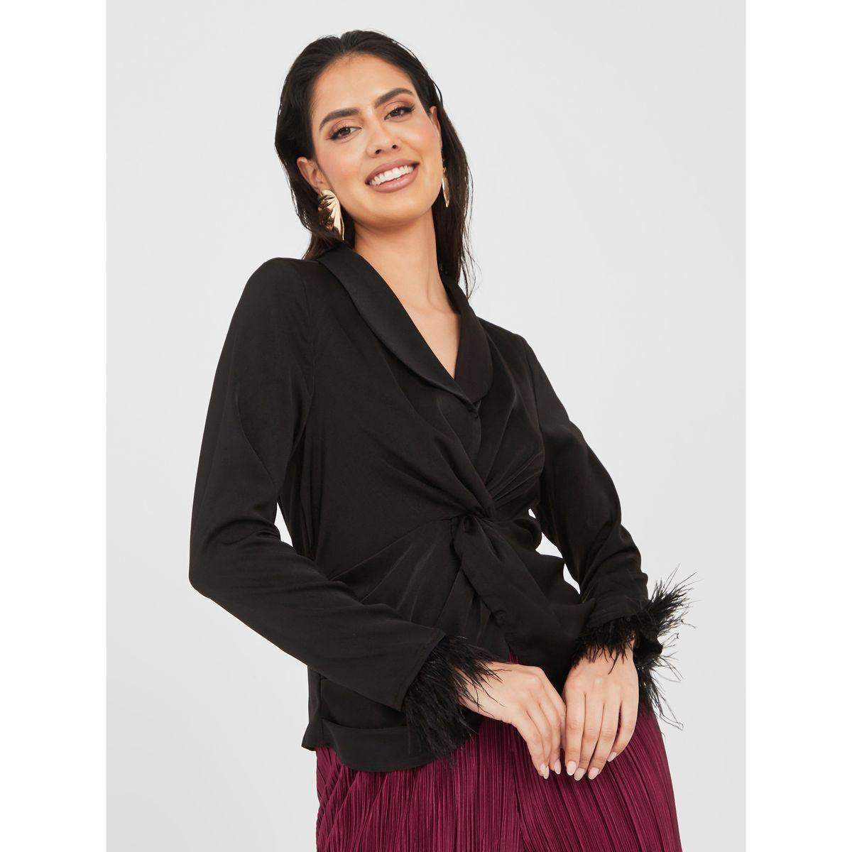 بلوزة مزينة بعقدة بنمط ملفوف-women-clothing-shirtsandblouses-shirts-image-1