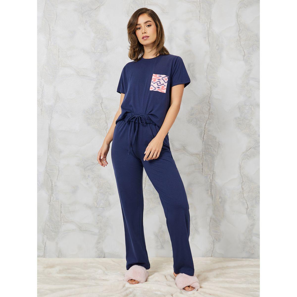Styli Unwind Aztec Print Pocket T-Shirt & Ruffle Waist Pyjama Set-women-clothing-nightwear-pyjamas-longsets-image-1
