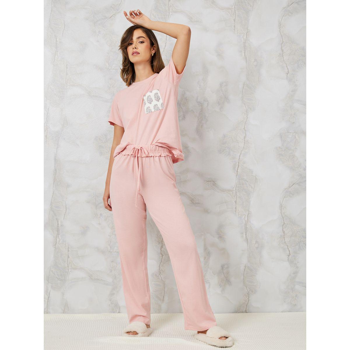 Styli Unwind Aztec Print Pocket T-Shirt & Ruffle Waist Pyjama Set-women-clothing-nightwear-pyjamas-longsets-image-1