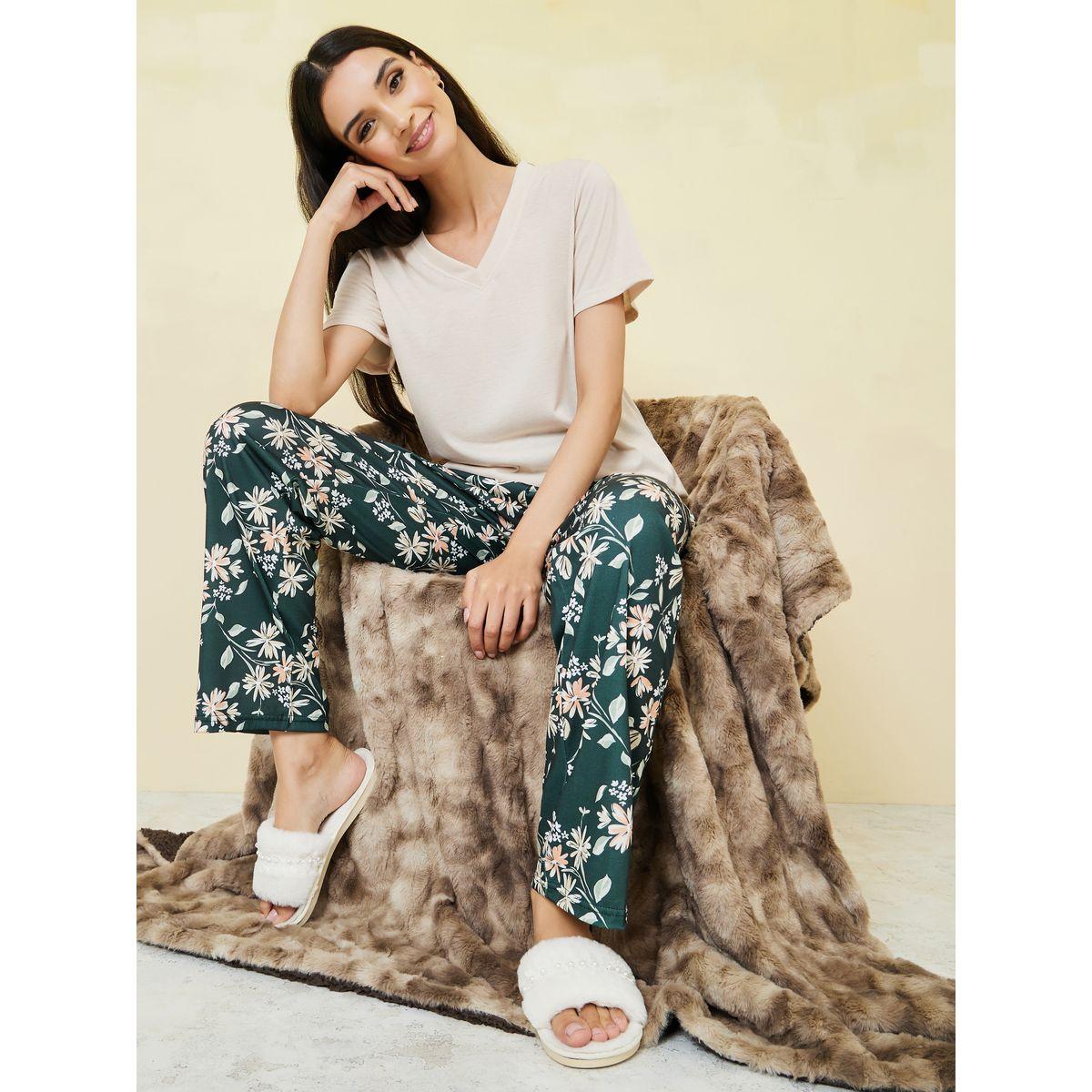 Styli Unwind Solid V Neck T-shirt and Floral Print Pyjama Set-women-clothing-nightwear-pyjamas-longsets-image-1