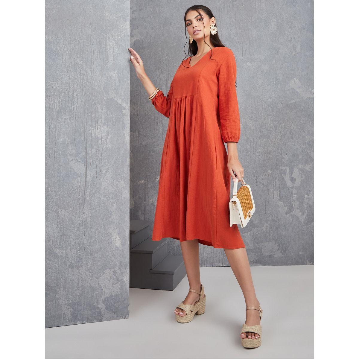 Styli 3/4 Sleeves V Neck Smock Midi Dress-women-clothing-dresses-image-1
