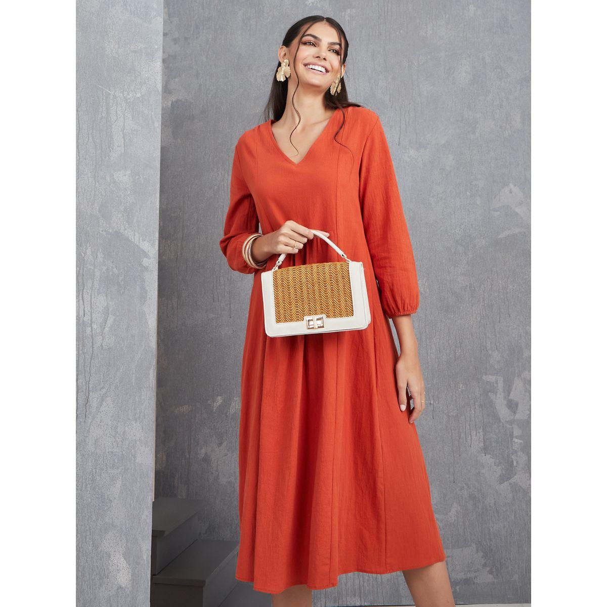 Styli 3/4 Sleeves V Neck Smock Midi Dress-women-clothing-dresses-image-2