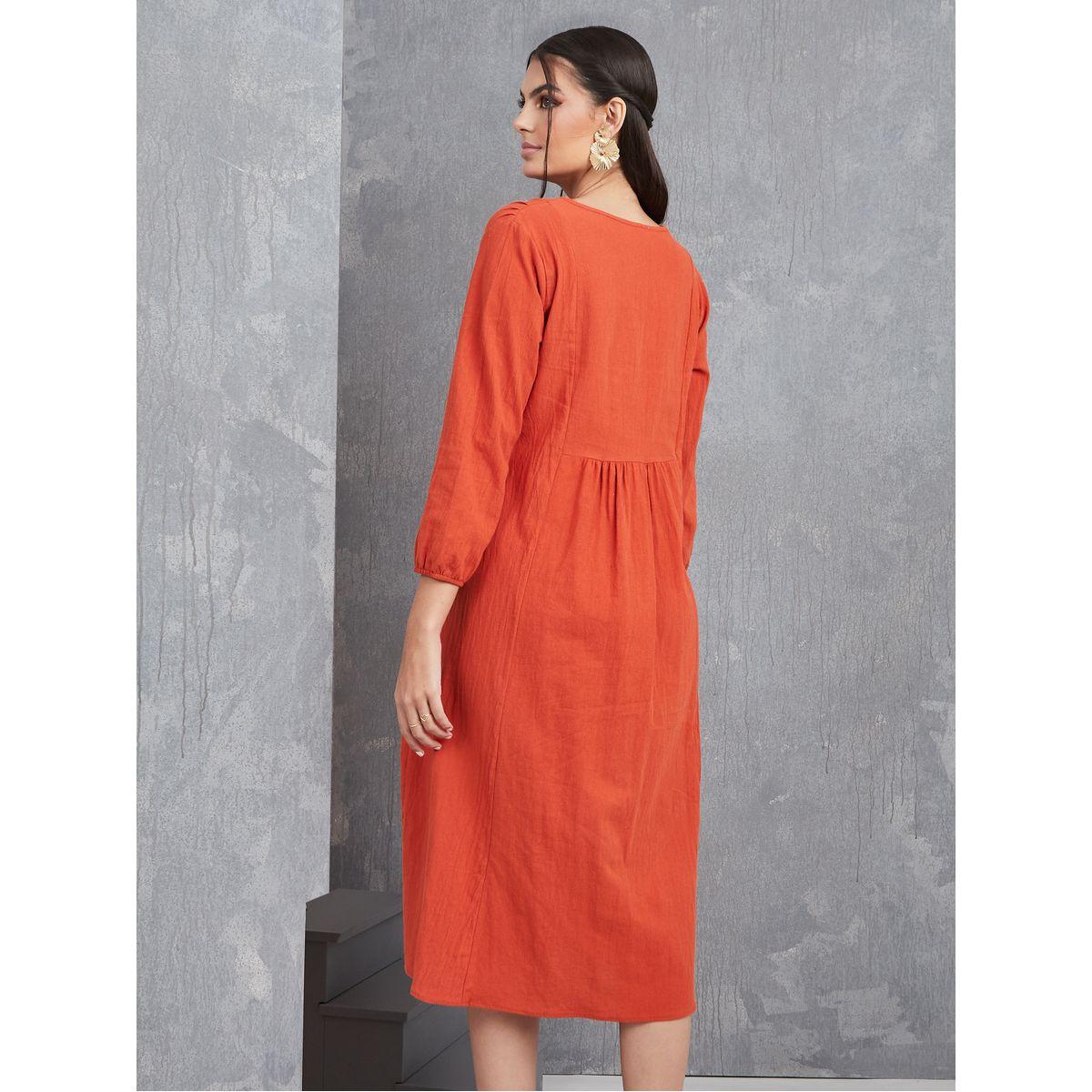 Styli 3/4 Sleeves V Neck Smock Midi Dress-women-clothing-dresses-image-4