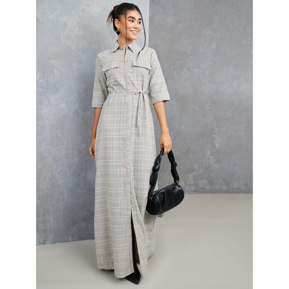 Styli Checked Front Flap Pocket Button Down Maxi Dress-women-clothing-dresses-image-1