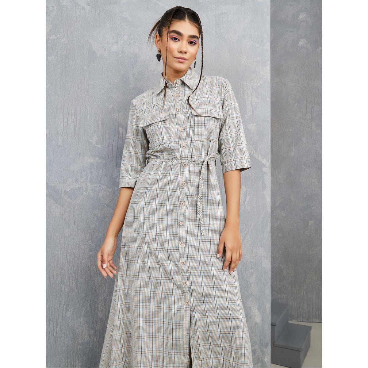 Styli Checked Front Flap Pocket Button Down Maxi Dress-women-clothing-dresses-image-2