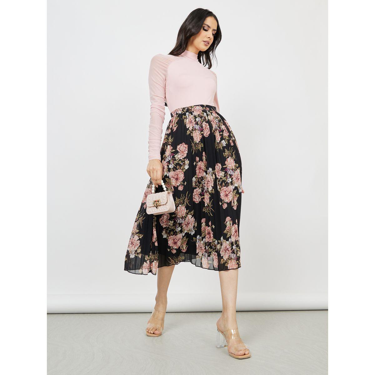Styli Pleated Floral Print A-Line Midi Skirt-women-clothing-bottoms-skirts-image-2