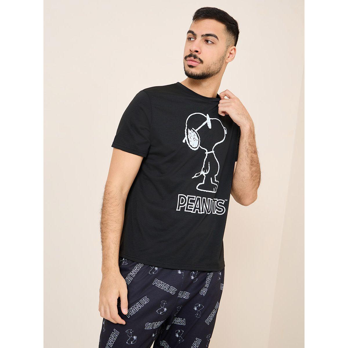 Styli Unwind Peanuts Character Print T-shirt and Straight Pyjama Sets-men-clothing-nightwear-sets-image-3