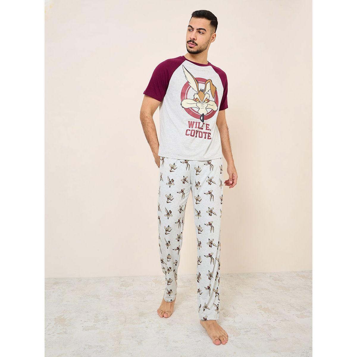 Styli Unwind Coyote Character Print T-shirt and AOP Straight Pyjama Sets-men-clothing-nightwear-sets-image-1
