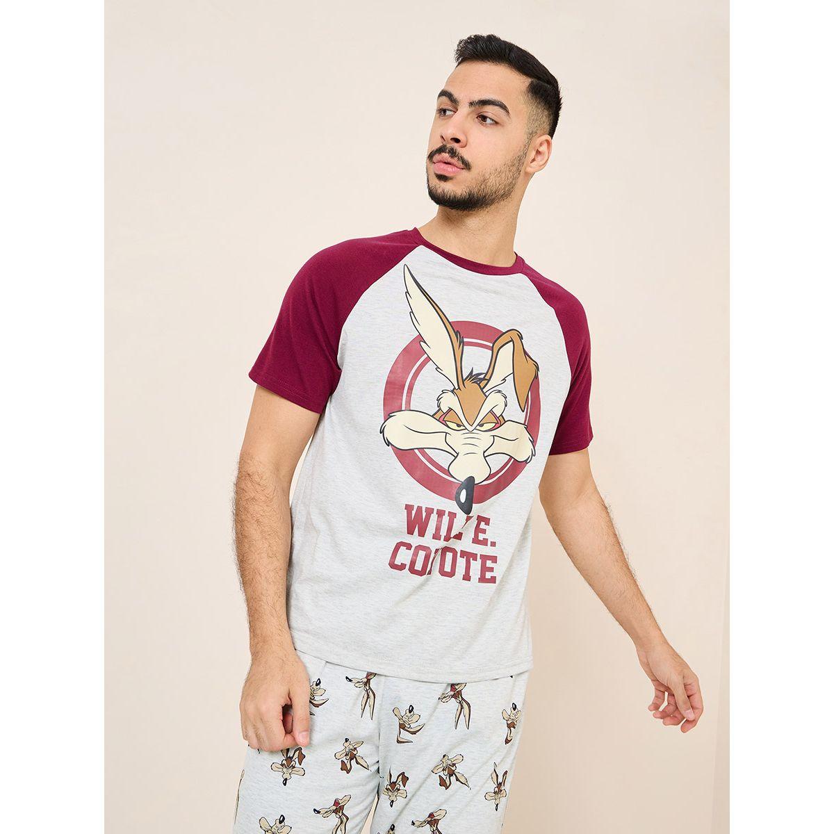 Styli Unwind Coyote Character Print T-shirt and AOP Straight Pyjama Sets-men-clothing-nightwear-sets-image-2