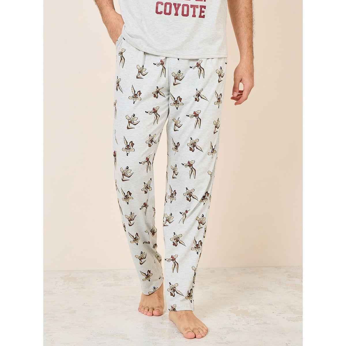 Styli Unwind Coyote Character Print T-shirt and AOP Straight Pyjama Sets-men-clothing-nightwear-sets-image-4