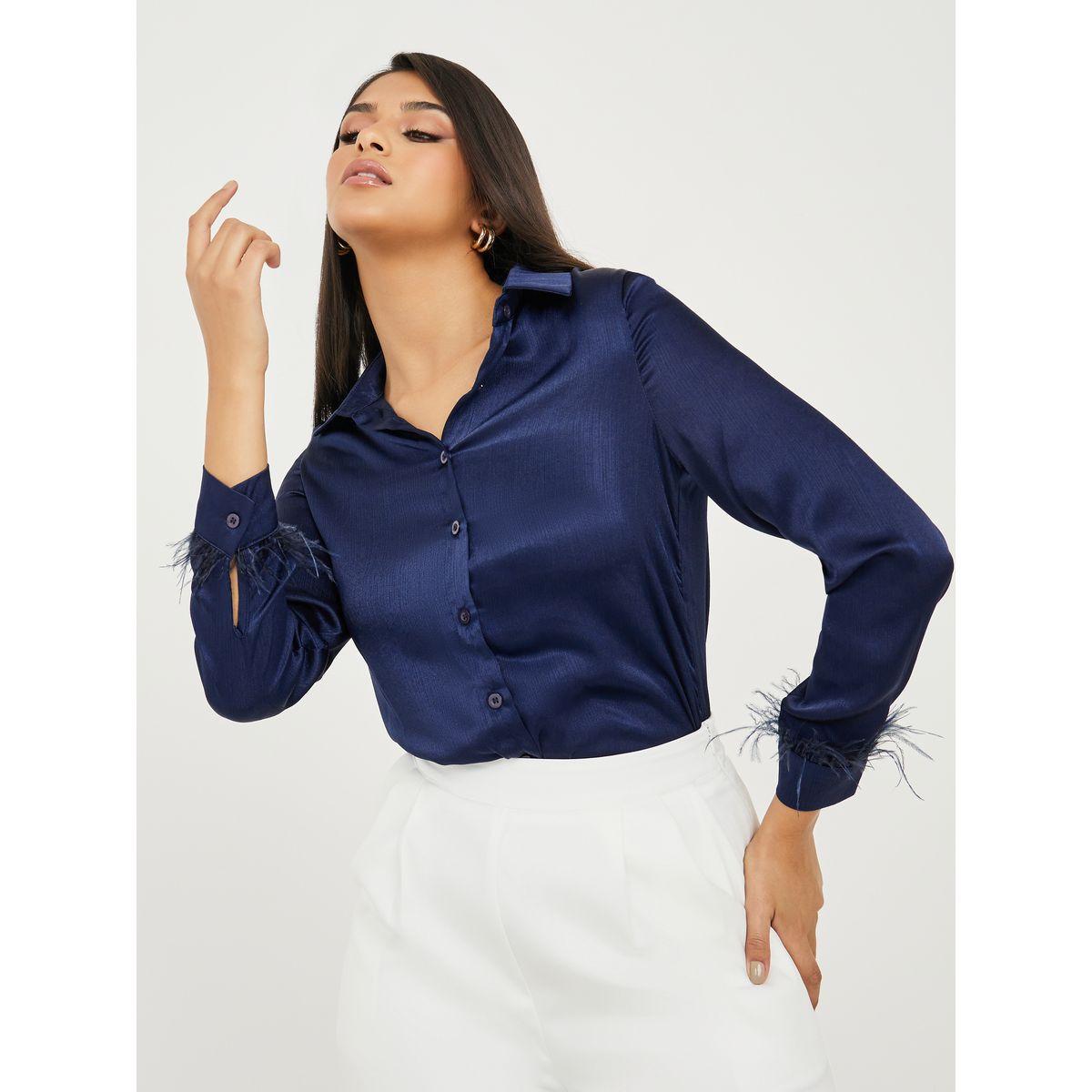 بلوزة كاجوال مزينة بريش صناعي-women-clothing-shirtsandblouses-shirts-image-1