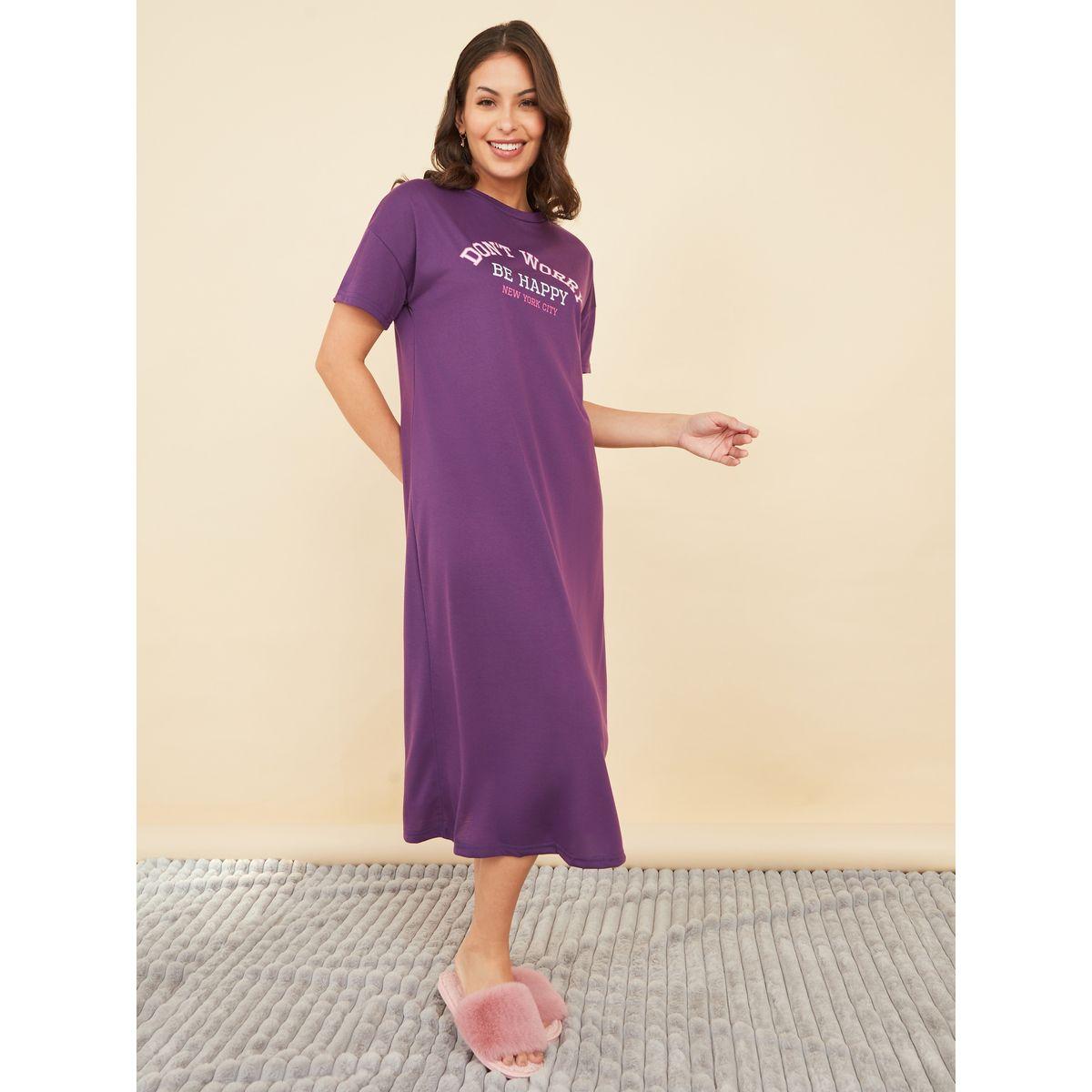 Styli Unwind Don't Worry, Be Happy Slogan Print Sleep T-shirt Midi Dress-women-clothing-nightwear-nighties-image-2