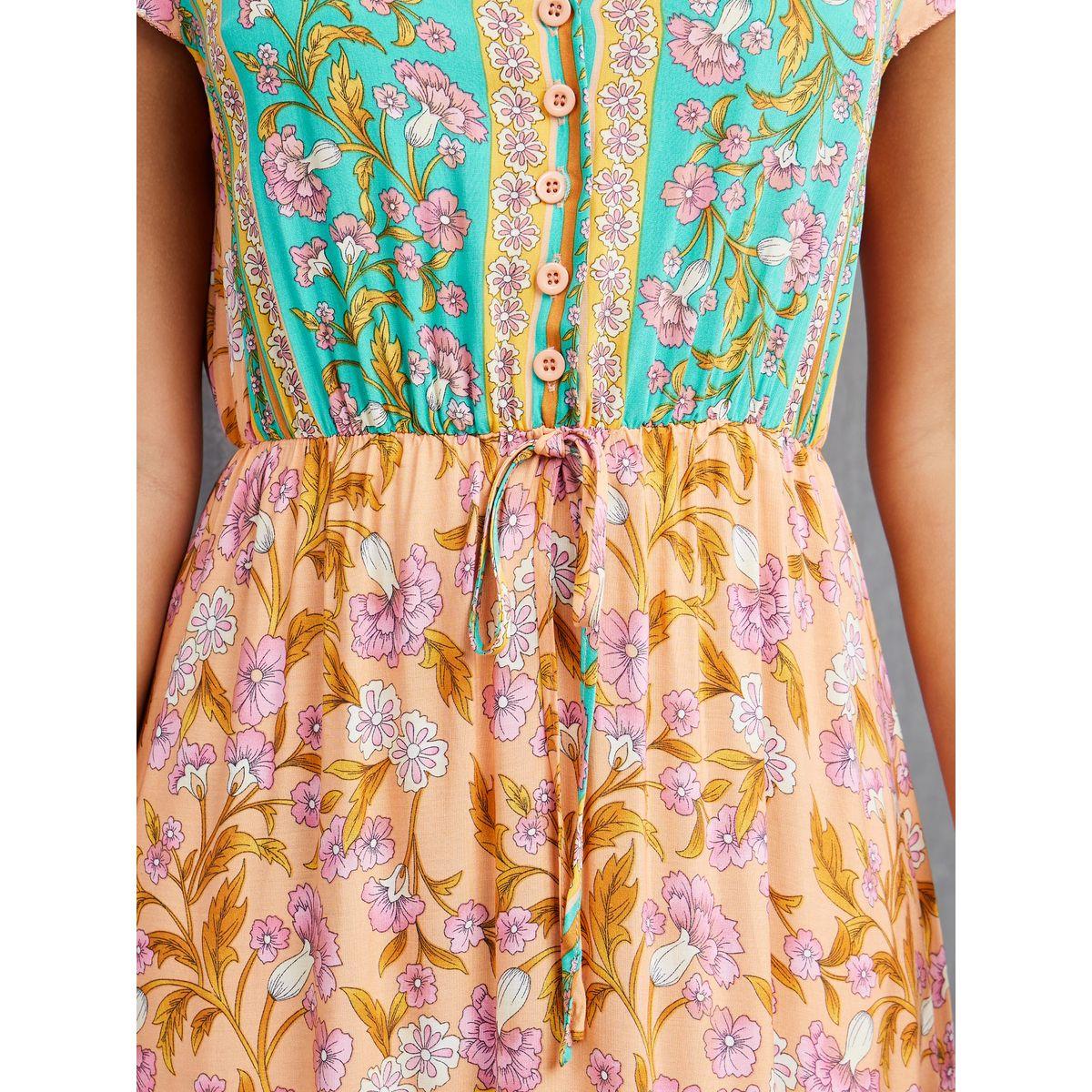 Styli Short Sleeves V Neck Bohemian Ruffle Hem Midi Dress-women-clothing-dresses-image-3