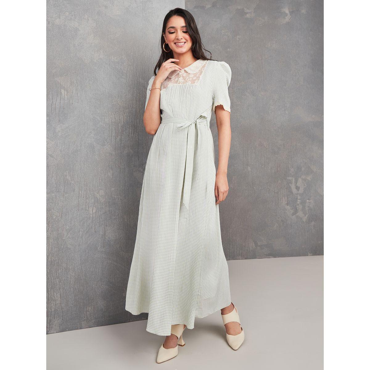 Styli Mesh Peter Pan Collar Checked Maxi Dress-women-clothing-dresses-image-1