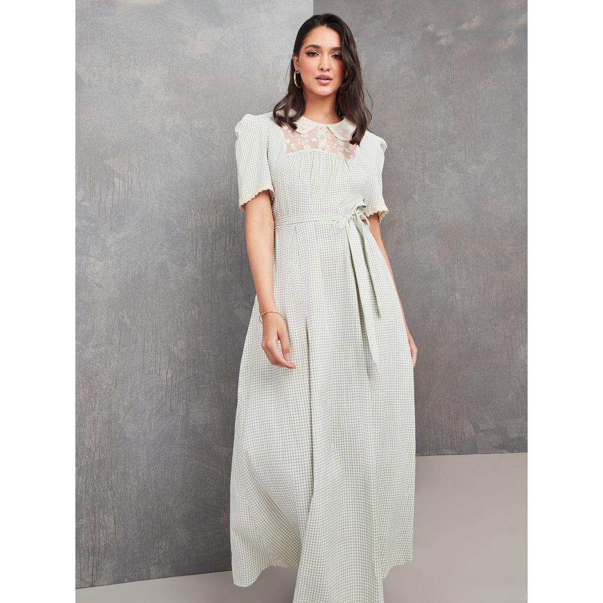 Styli Mesh Peter Pan Collar Checked Maxi Dress-women-clothing-dresses-image-2