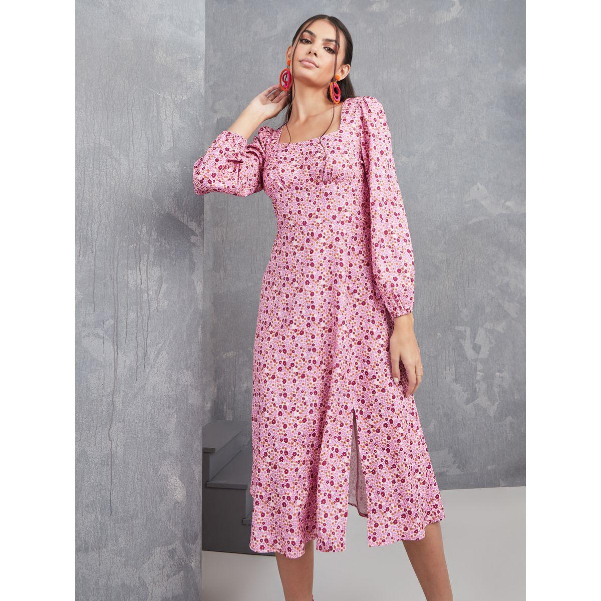 Styli Square Neck A-Line Midi Dress with Slit-women-clothing-dresses-image-1
