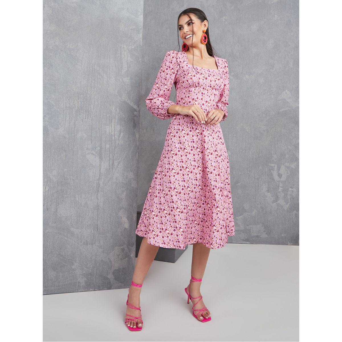 Styli Square Neck A-Line Midi Dress with Slit-women-clothing-dresses-image-2