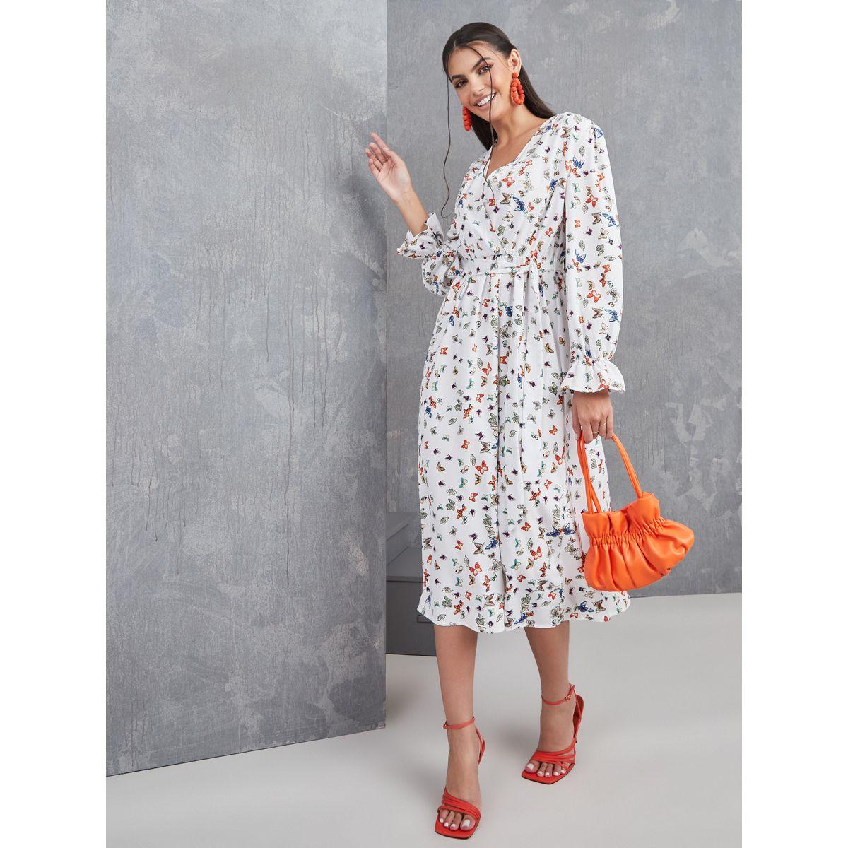 Styli Frill Cuff Sleeve Butterfly Print A-Line Midi Dress-women-clothing-dresses-image-1