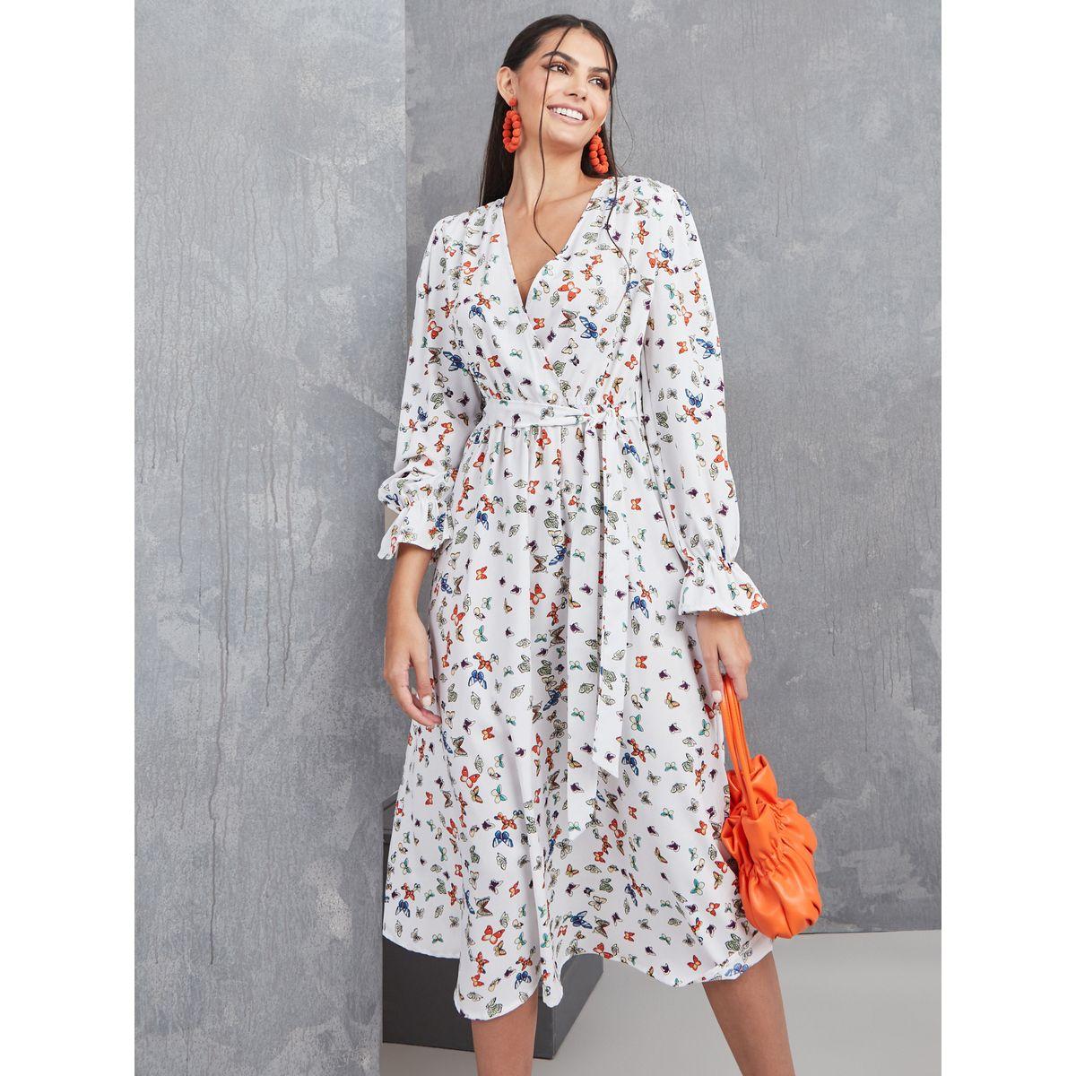 Styli Frill Cuff Sleeve Butterfly Print A-Line Midi Dress-women-clothing-dresses-image-2