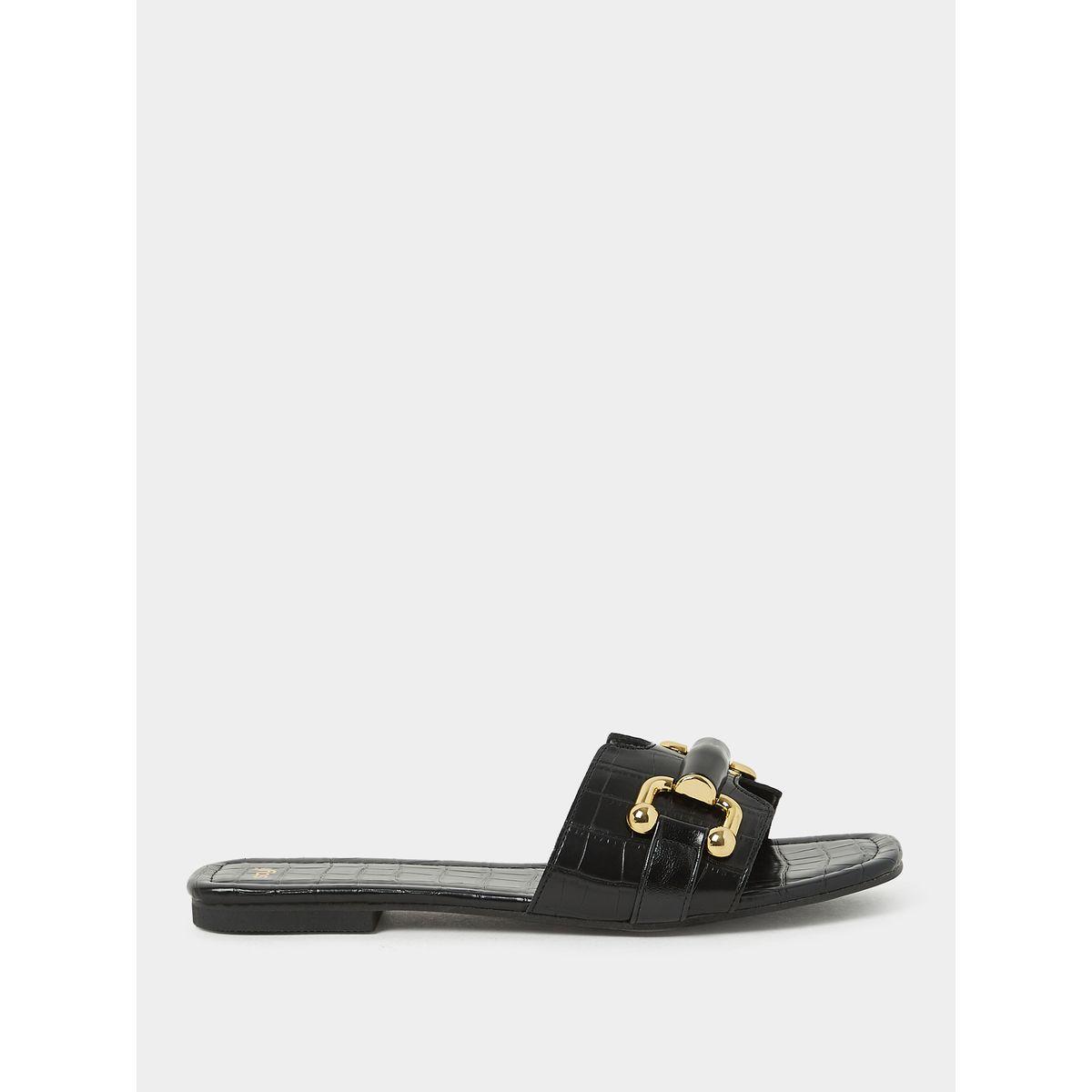 Styli Croc Print Flat Sandals with Gold Link Detail-women-shoes-sandals-flats-image-2