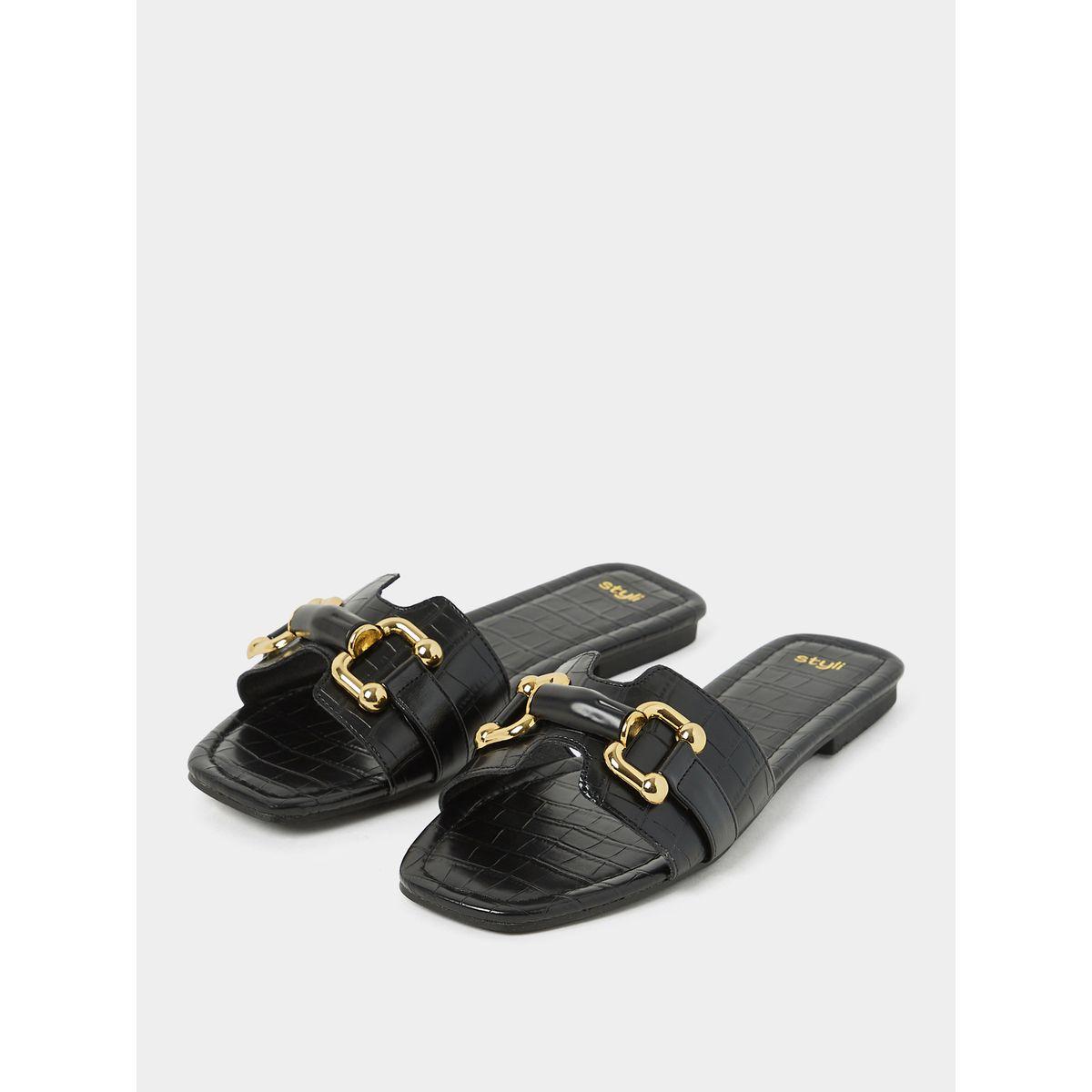 Styli Croc Print Flat Sandals with Gold Link Detail-women-shoes-sandals-flats-image-3