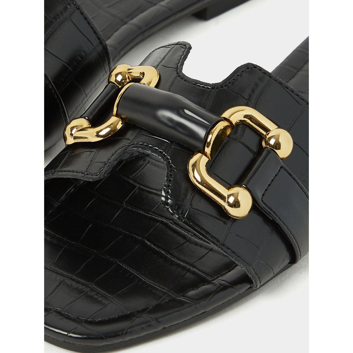 Styli Croc Print Flat Sandals with Gold Link Detail-women-shoes-sandals-flats-image-4