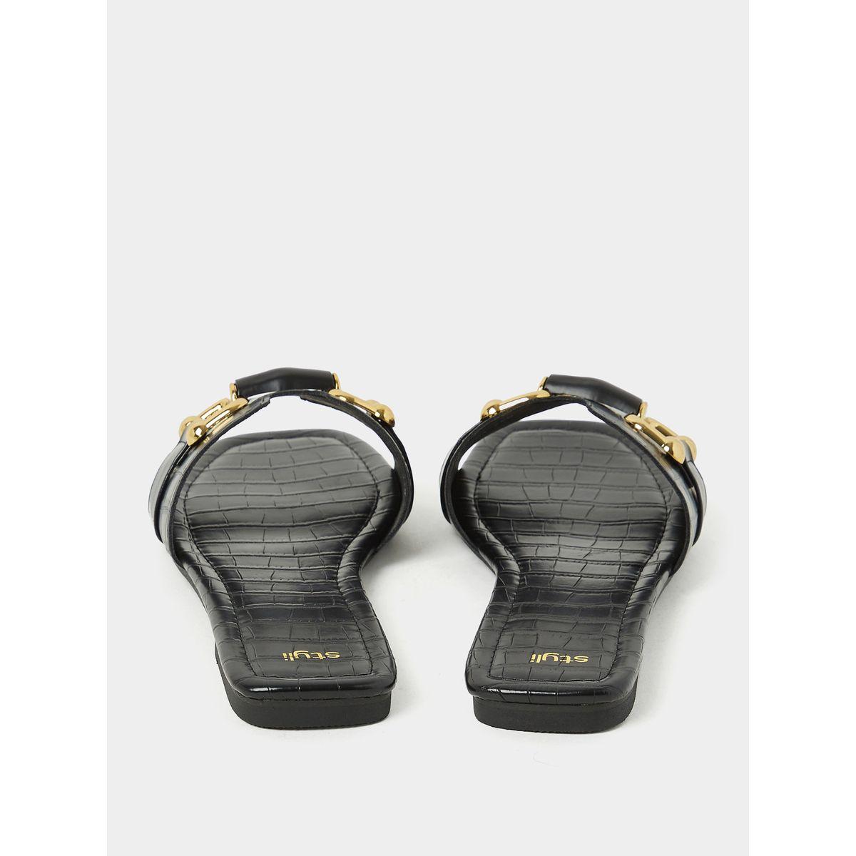 Styli Croc Print Flat Sandals with Gold Link Detail-women-shoes-sandals-flats-image-5