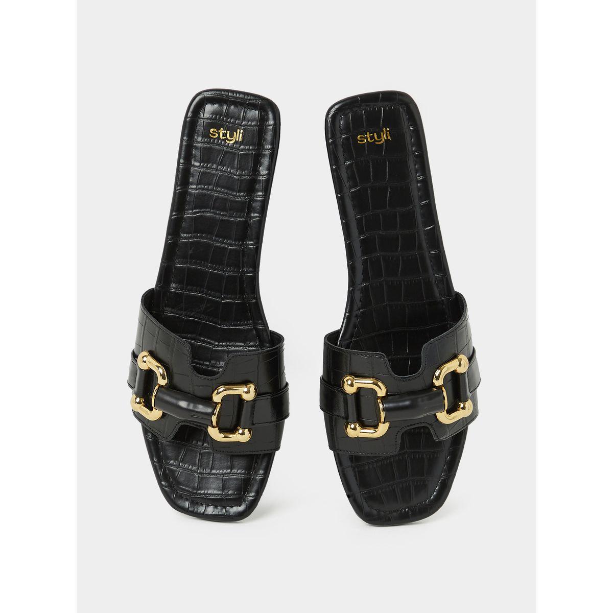 Styli Croc Print Flat Sandals with Gold Link Detail-women-shoes-sandals-flats-image-6
