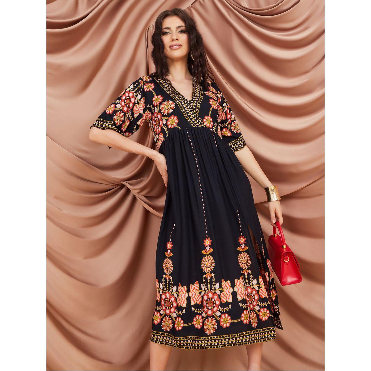 Styli V Neck Floral A-Line Midi Dress-women-clothing-dresses-image-1