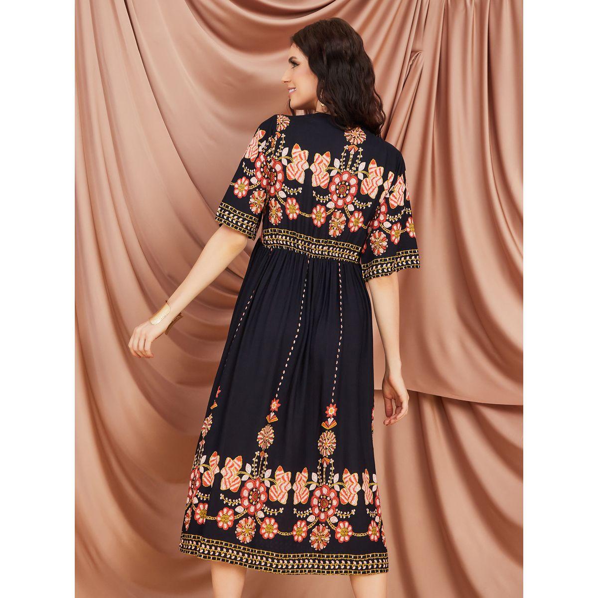 Styli V Neck Floral A-Line Midi Dress-women-clothing-dresses-image-4