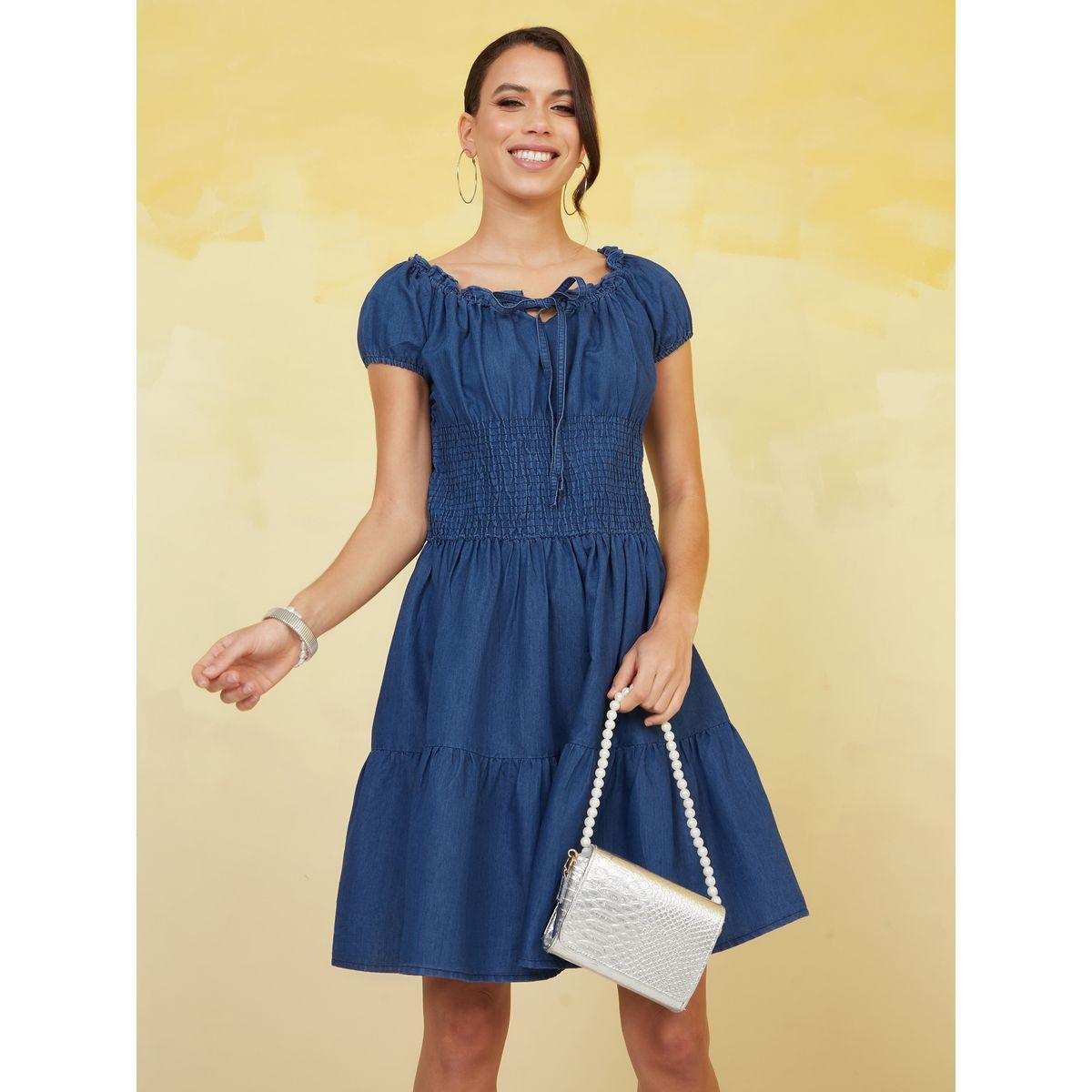 Styli Denim Shirred Tiered Knee Length Dress-women-clothing-dresses-image-1