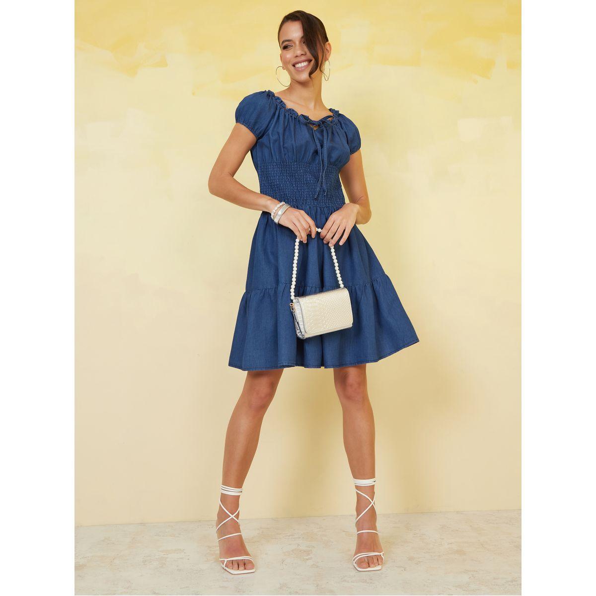 Styli Denim Shirred Tiered Knee Length Dress-women-clothing-dresses-image-2